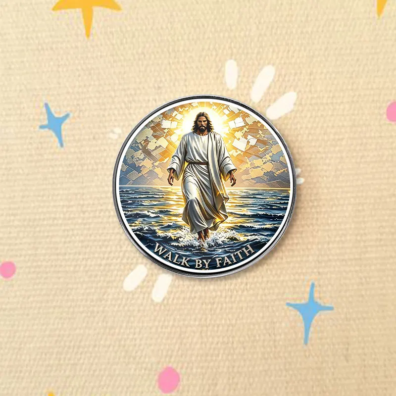 Christian Jesus Walking on Water UV Printing Pin Faith Religious Brooch Golden Halo Ocean Scene Lapel Badge Gift For Believers