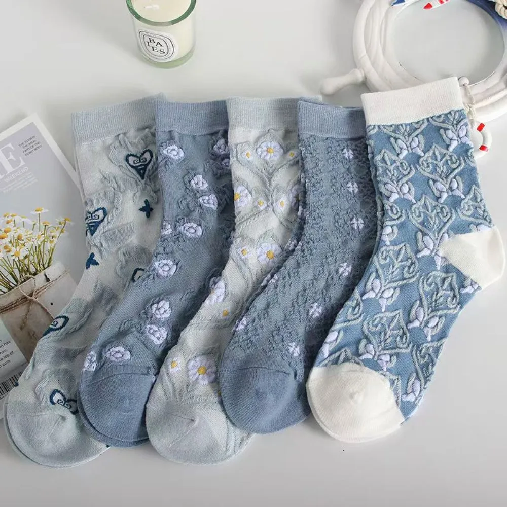 5 Pairs Fresh Blue Floral Print Crew Socks Cotton Soft Ankle Socks Breathable Elastic Cuff Casual Socks For Women