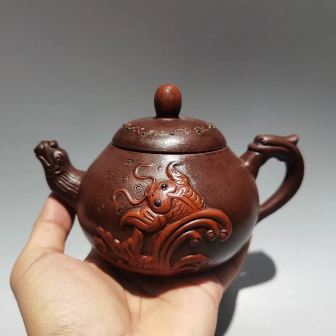 Yixing Teapot Purple Clay Pot Top bead Dragon fish pattern Dragon Mouth Pot Teapot Kettle Tasting tea ceremony Ornaments