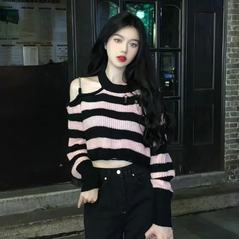 Pullovers Women Pink Y2k Hollow Out Loose Off Shoulder Fashion Designed Knitting Korean Style O-neck All-match Sweet Striped