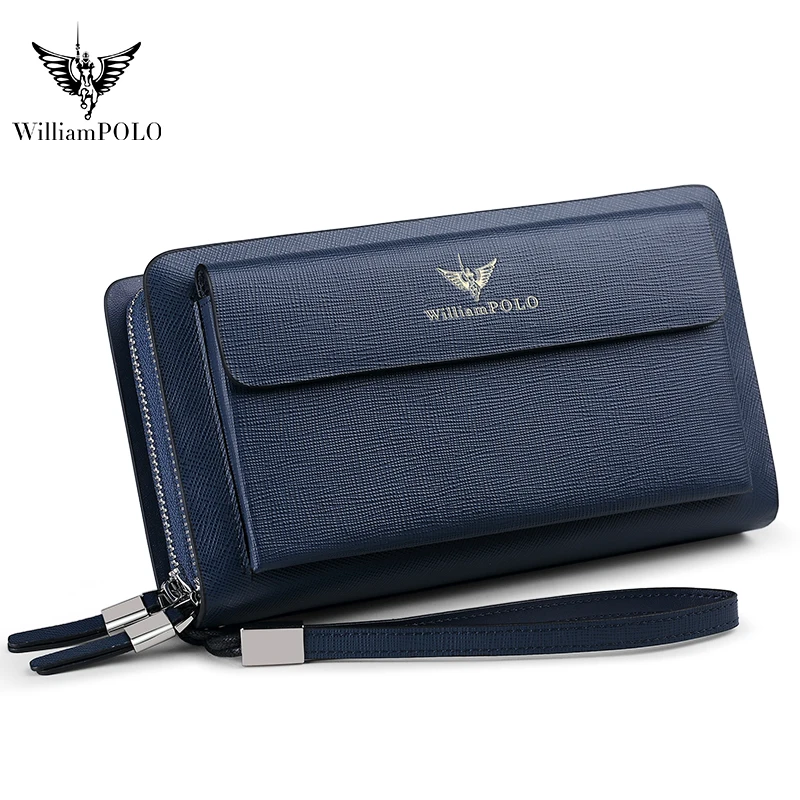 Brand Men Clutch Bag Fashion Leather Long Purse Wallet Black Blue Male Casual Handy Bag Double Zipper Business RFID