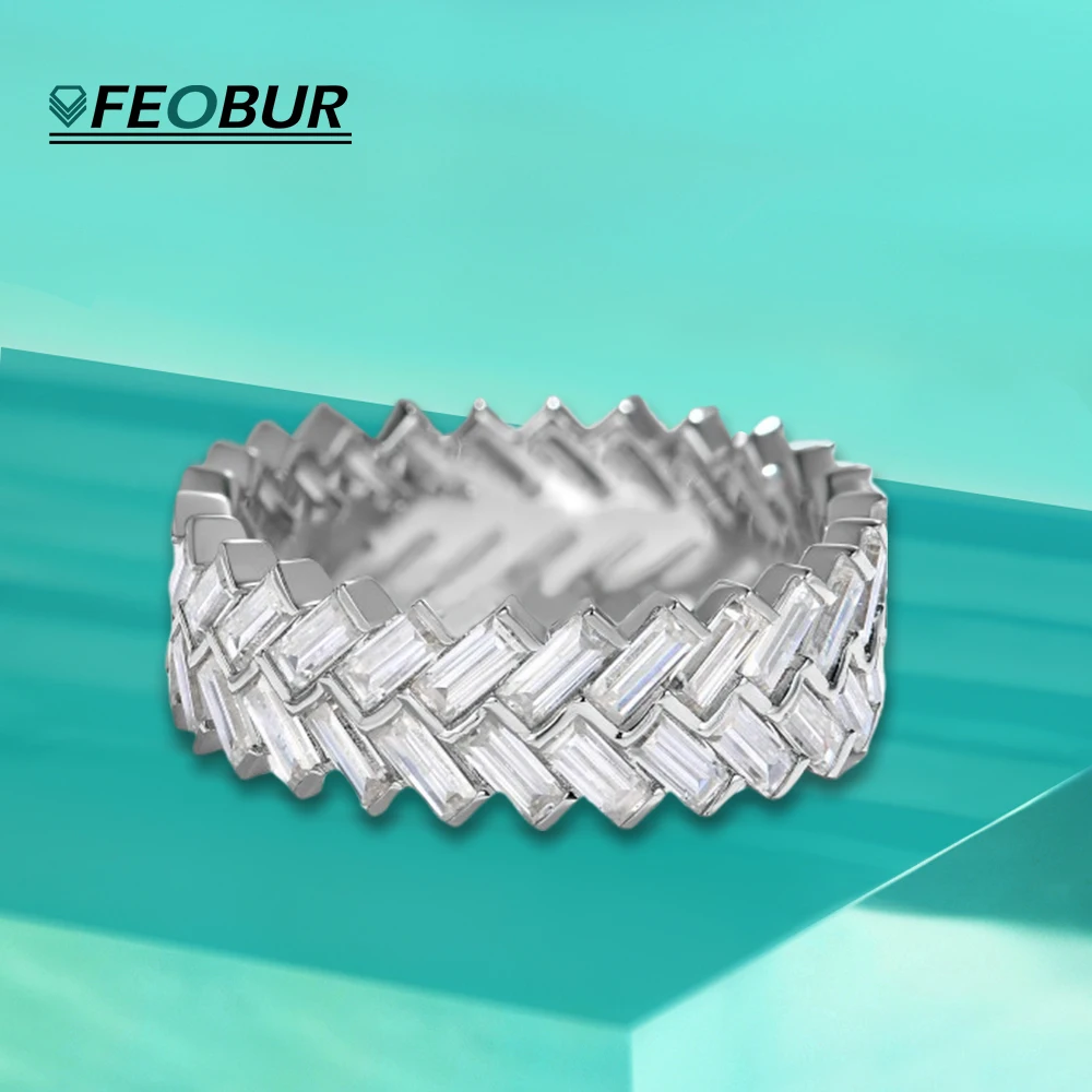 

FEOBUR 1.5*3.5mm Emerald Cut Full Moissanite Eternity Ring for Women 925 Sterling Silver Lab Diamond Wedding Band Luxury Jewelry