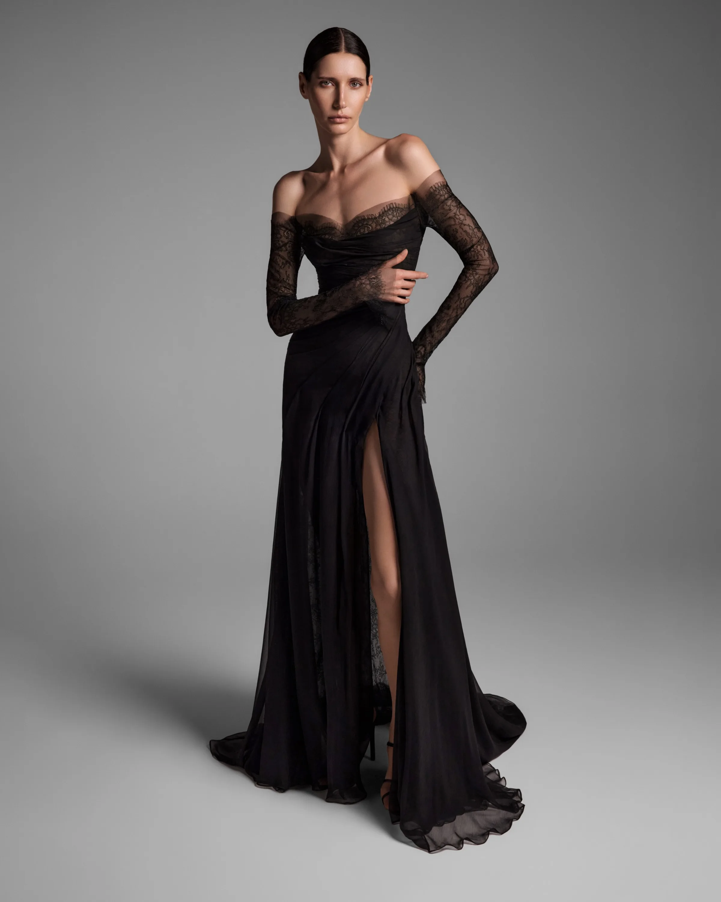 

Черные вечерние платья с открытыми плечами, кружевные, с длинными рукавами, А-силуэт, для выпускного вечера, винтажные, в пол, на заказ, для торжественных мероприятий