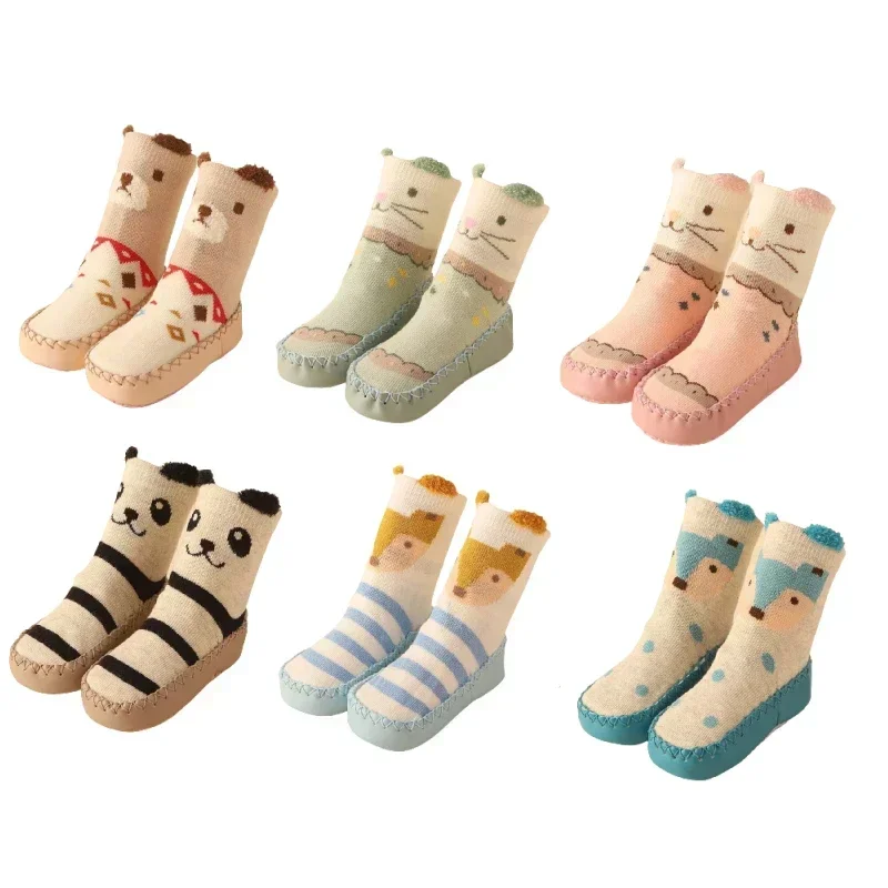 Calcetines de invierno con dibujos de animales para niños y niñas recién nacidos, zapatos bonitos para niños pequeños, calcetines de piso con suela