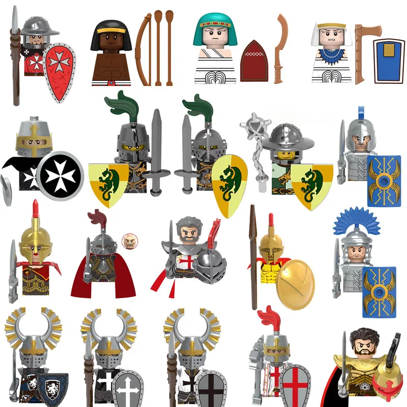 Средневековая фигурка солдата MOC, строительные блоки, египетские солдаты, римский воин, замок, король рыцаря, фигурка «сделай сам», мини-кирпичи, игрушки, подарки