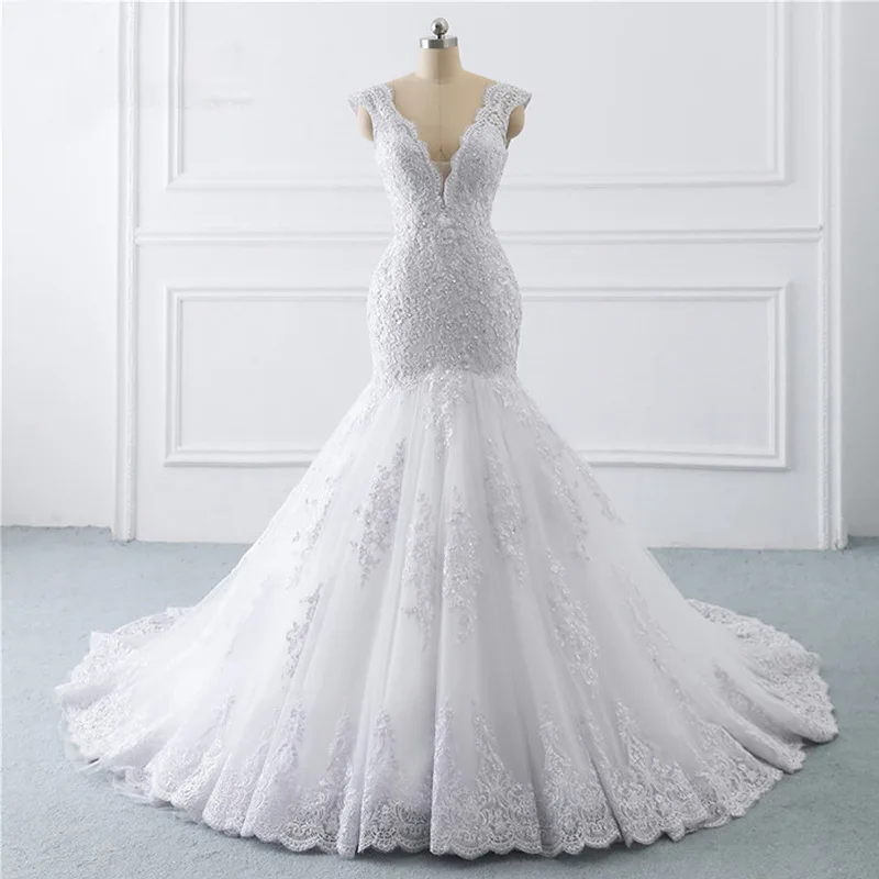 

GUXQD Mermaid Women Wedding Dresses V-Neck Appliques Court Train Bridal Gowns Formal Vestido De Noiva robe de mariée