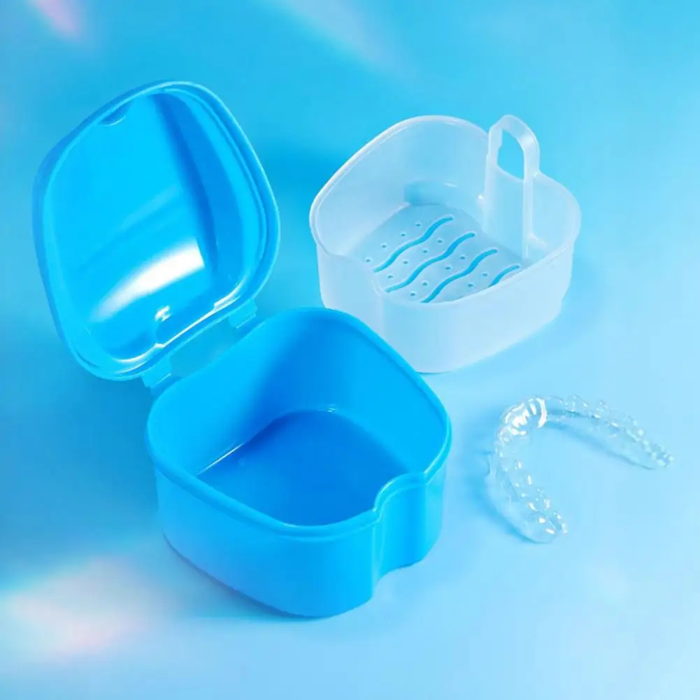 Braces Storage Box Denture Storage Box Portable Denture Soaking Case with Strainer Basket Brace Retainer Holder Mouth Guard