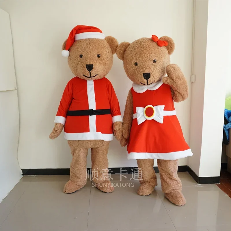 

Brown Teddy Bear Mascot Costume with Christmas Dress Cartoon Doll Outfits Full Set Adult Halloween Promotion Performance Suits