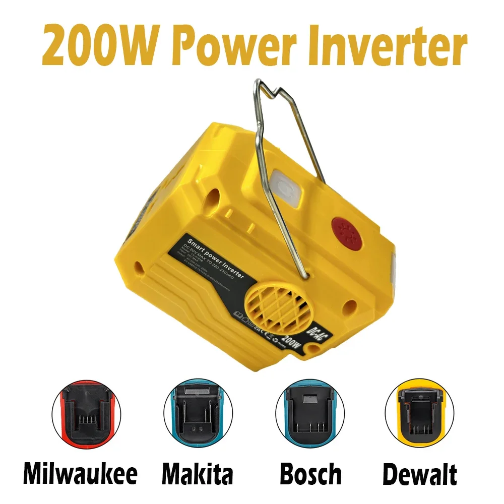 200W Portable Power Inverter For Makita/Bosch/Dewalt/Milwaukee 18V Battery AC 120-220V Outdoor Portable Inverter With LED Light