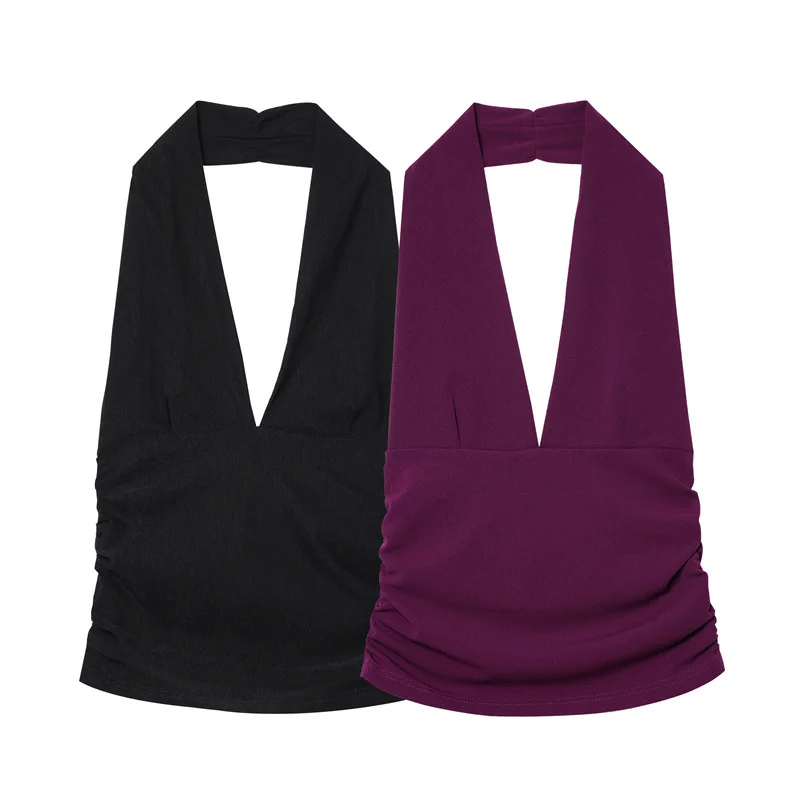 

Дизайнерский плиссированный дизайн с бретелькой на шее, эластичная полуюбка, комплект из двух предметов