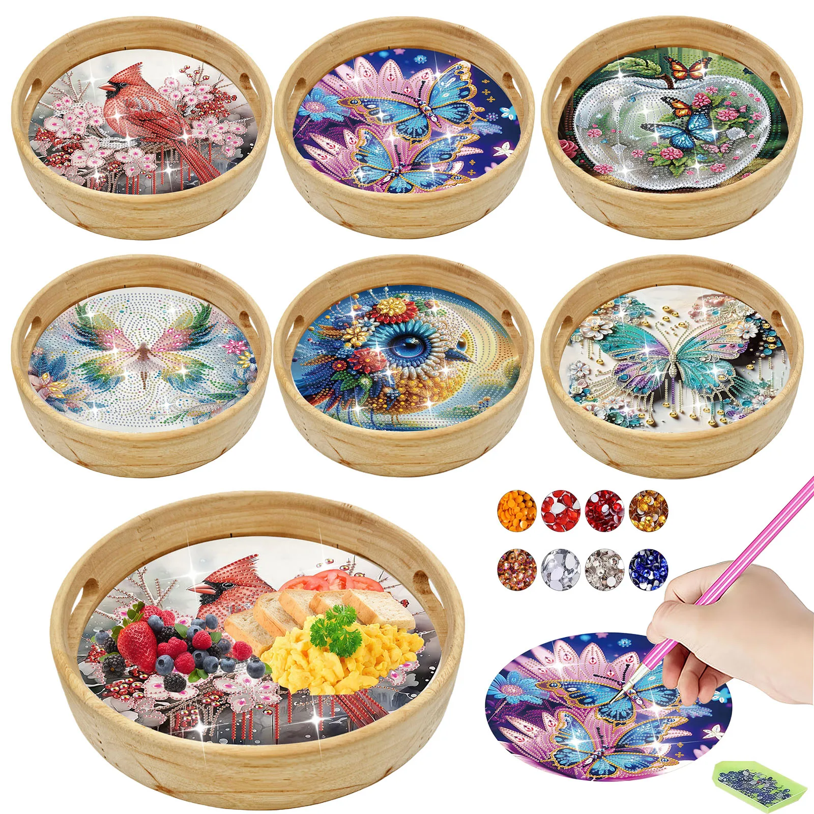 1 DIY Diamant-Malerei-Set, Tiermotiv Handgefertigtes Rundes Holztablett, Geeignet für Küchen-Aufbewahrungsartikel