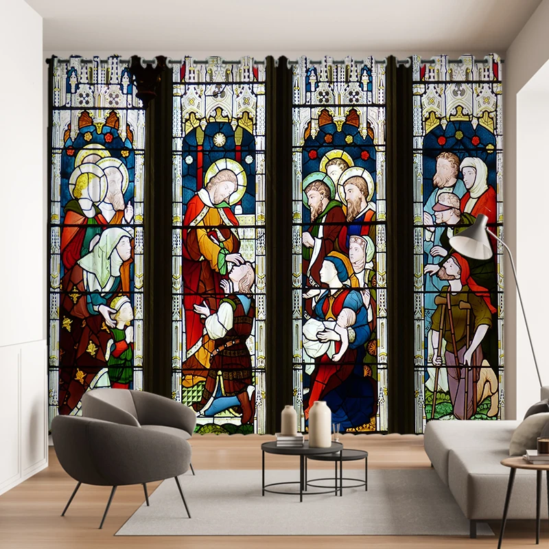 

Colorful Stained Glass Mosaic Curtains for Living Dining Room Villa Floor-to-Ceiling Windows Vintage European Church Style Drape