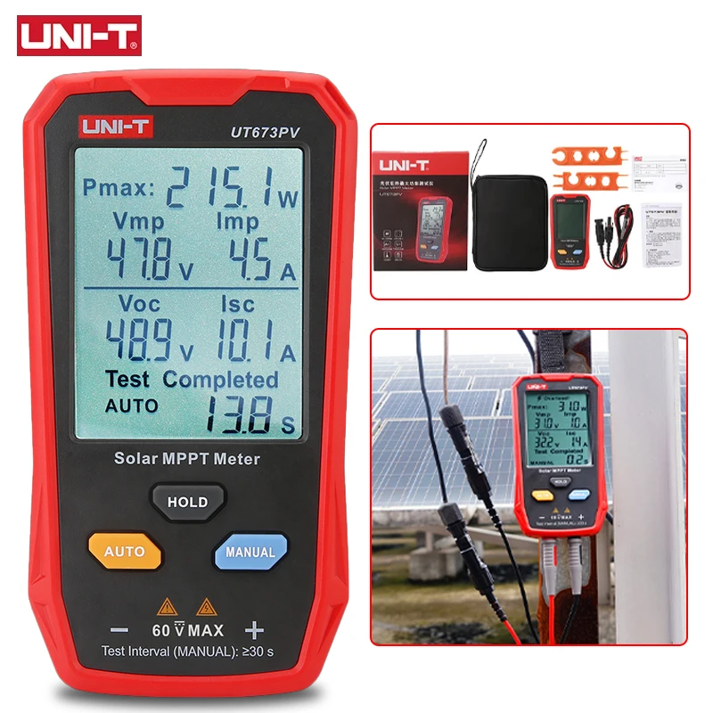 

UNI-T UT673PV Тестер солнечных панелей Измеритель солнечных батарей MPPT Максимальная фотоэлектрическая мощность Pmax Vmp Lmp Voc Lsc PV Солнечная панель Мультиметр