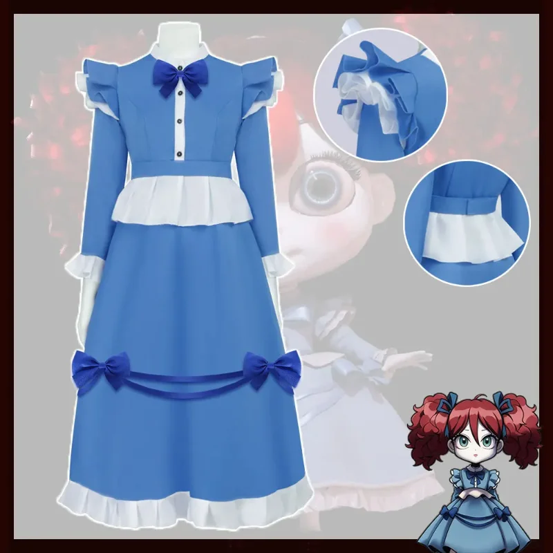 Disfraz de Cosplay de The Poppy, Vestido de Cosplay del Juego, Disfraz de Chica de Pelo Rojo, Vestido de Sirvienta Azul para Mujeres y Niñas, Disfraz de Lolita para Fiesta de Halloween