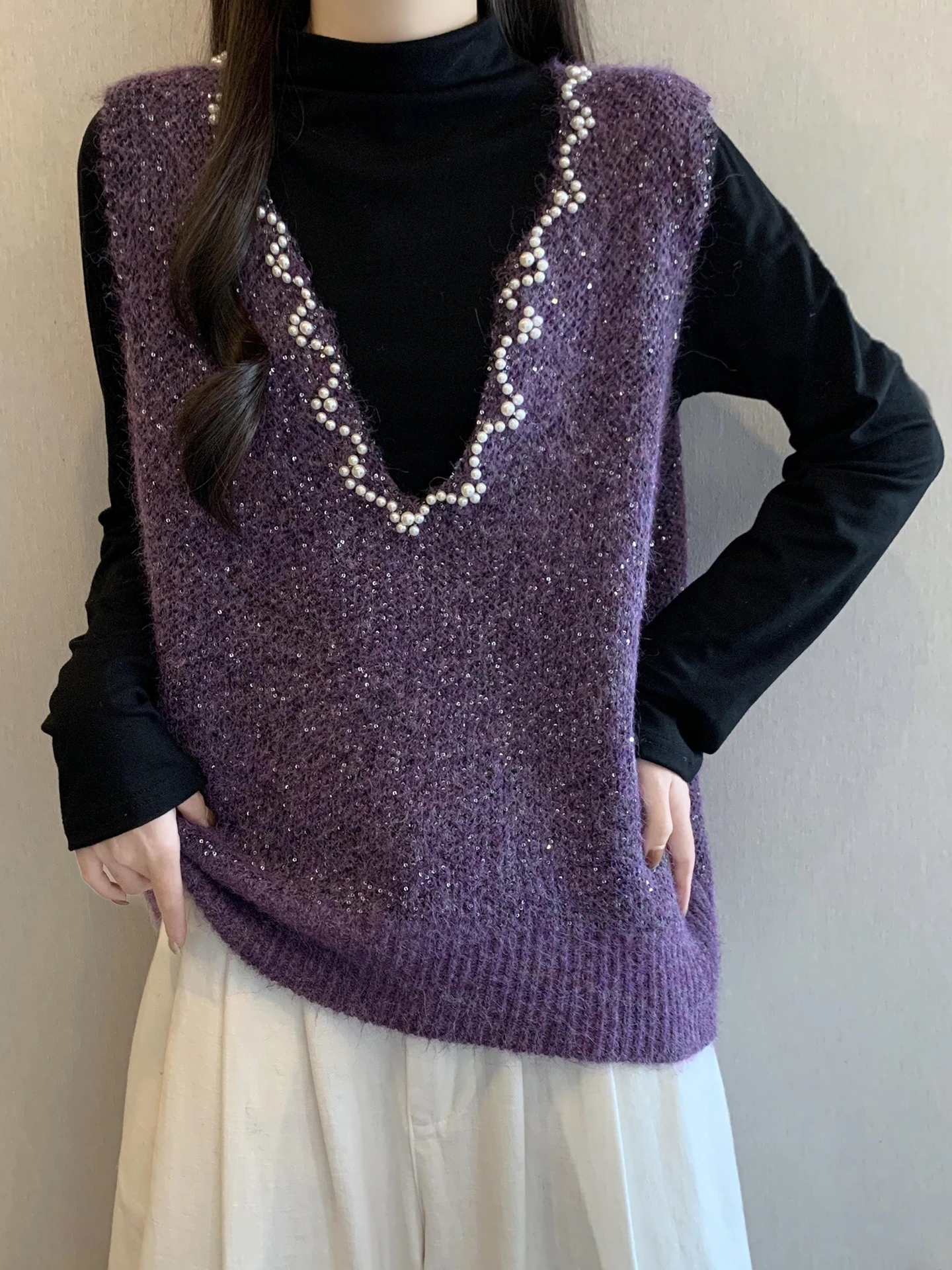 

plus Size Women's Spring Knitted Sequin Vest Top And Bot Two-Piece Set Faionable Overlap Design Warmth Comfortable V-Ne