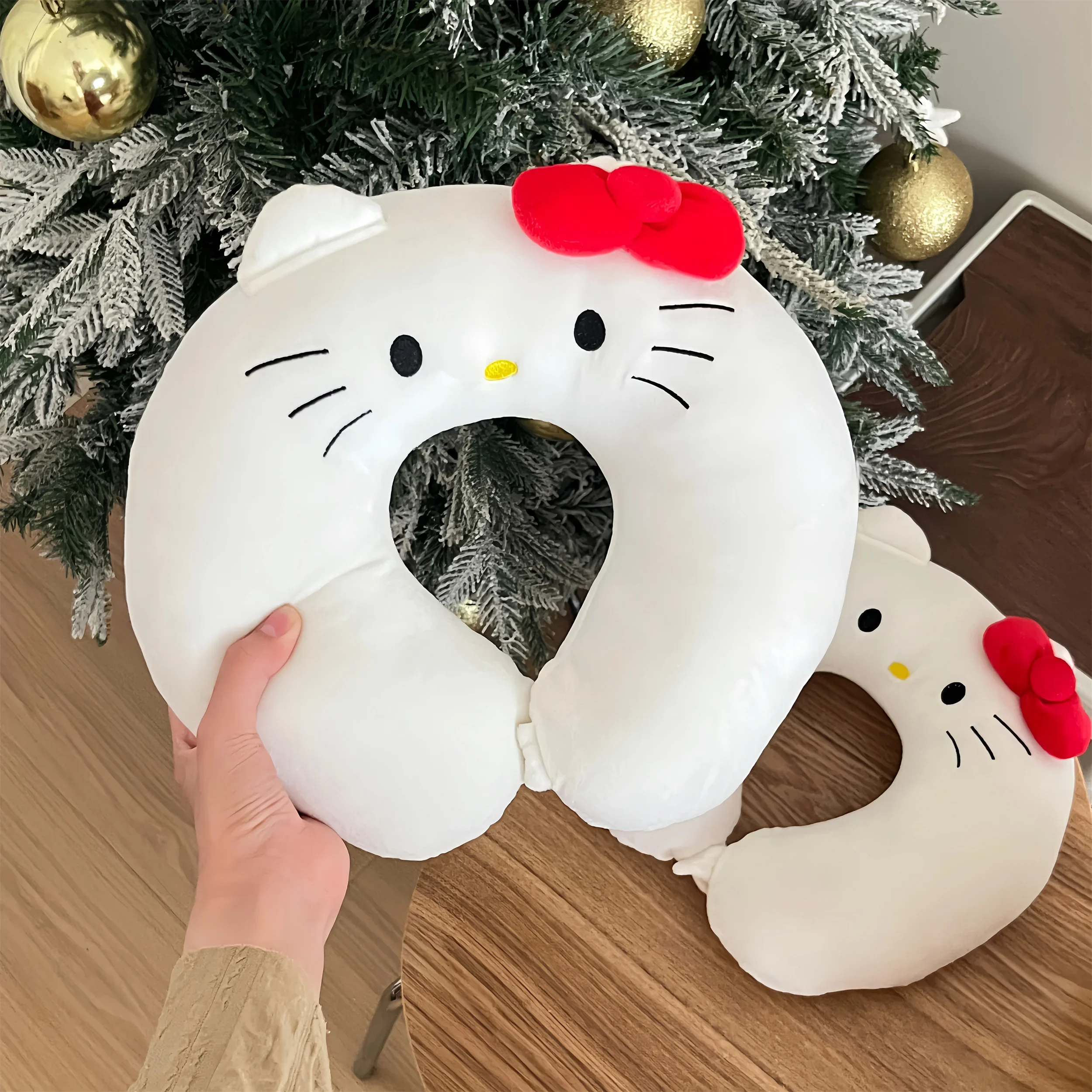 Sanrio-almohada de cuello en forma de U de Hello Kitty para niña, almohada de siesta de viaje de gato blanco de estilo japonés Kawaii, regalos de avión y oficina