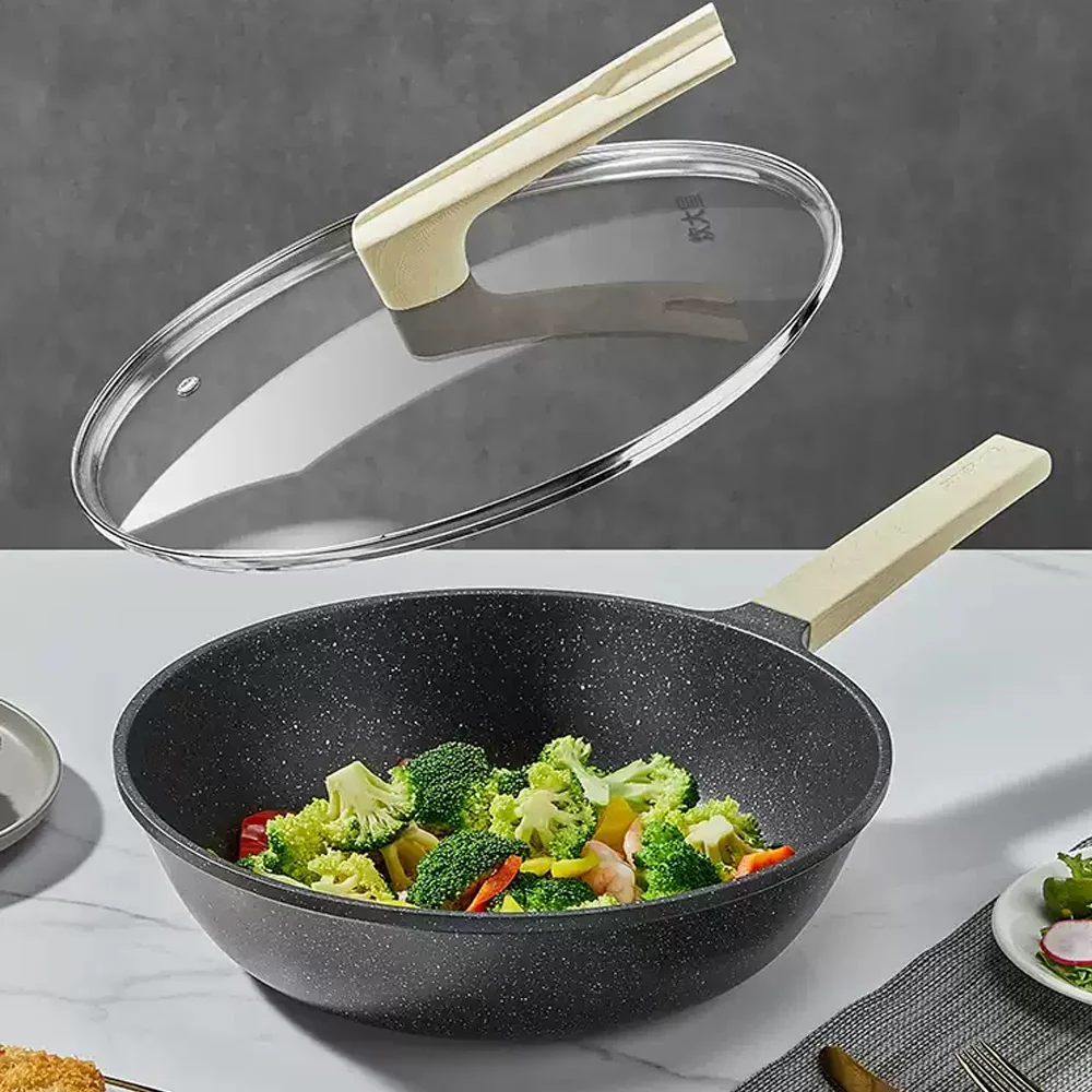 COOKER KinG Bratpfanne, Kochpfanne mit Glasdeckel, 10/11/12 Zoll antihaftbeschichtete Eisenpfanne, tiefe Sautepfanne mit Griff, Gas und Induktion