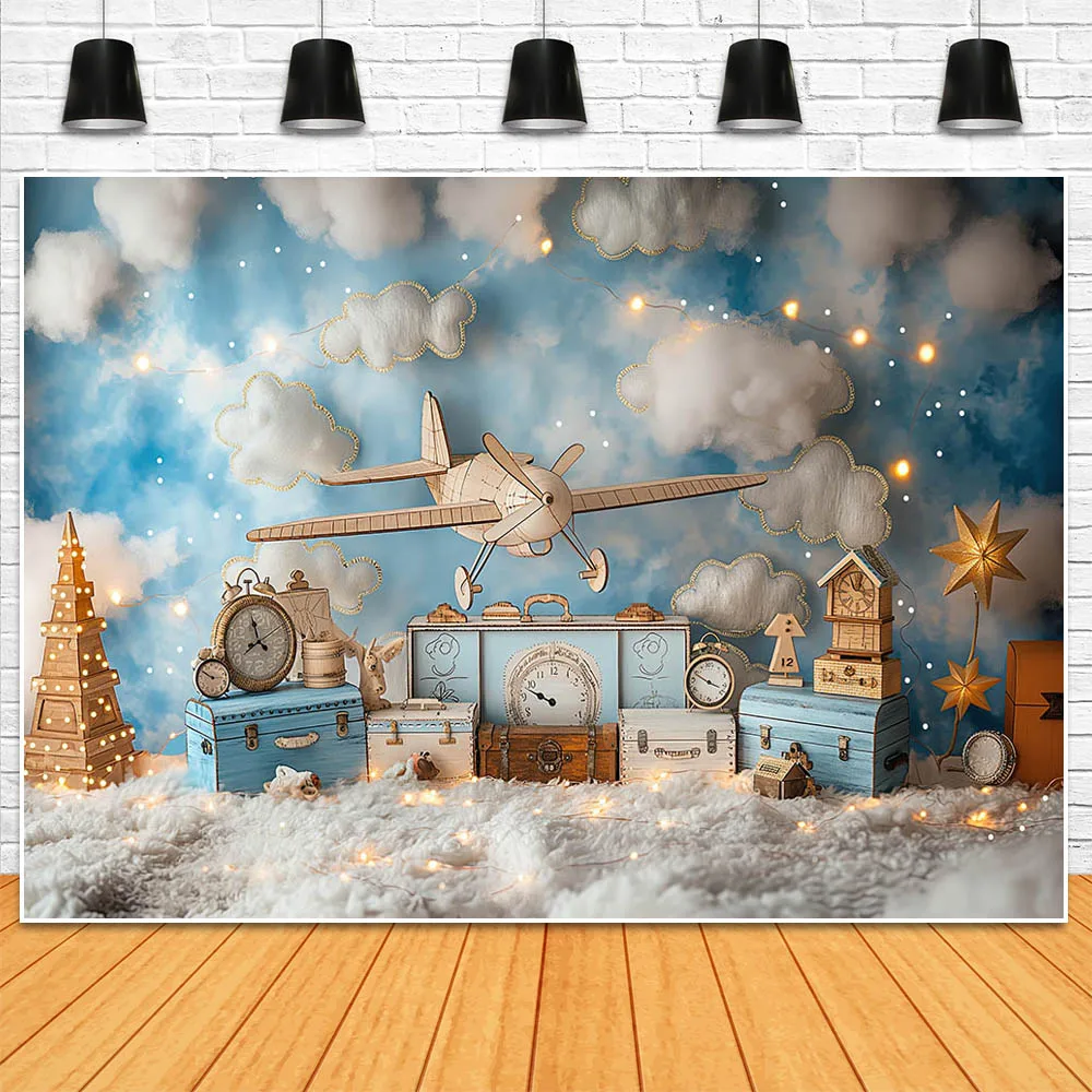 Mocsicka Airplane Adventure Awaits Baby Kids Photography Background Blue Sky White Clouds Boys 1st Birthday Party Decor Backdrop