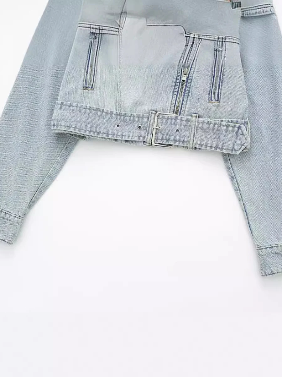 

Faionable Motorcycle Sle Women's Denim Jaet ort Outerwear Straight Cut Long Sve Flip Collar Polyester Fiber