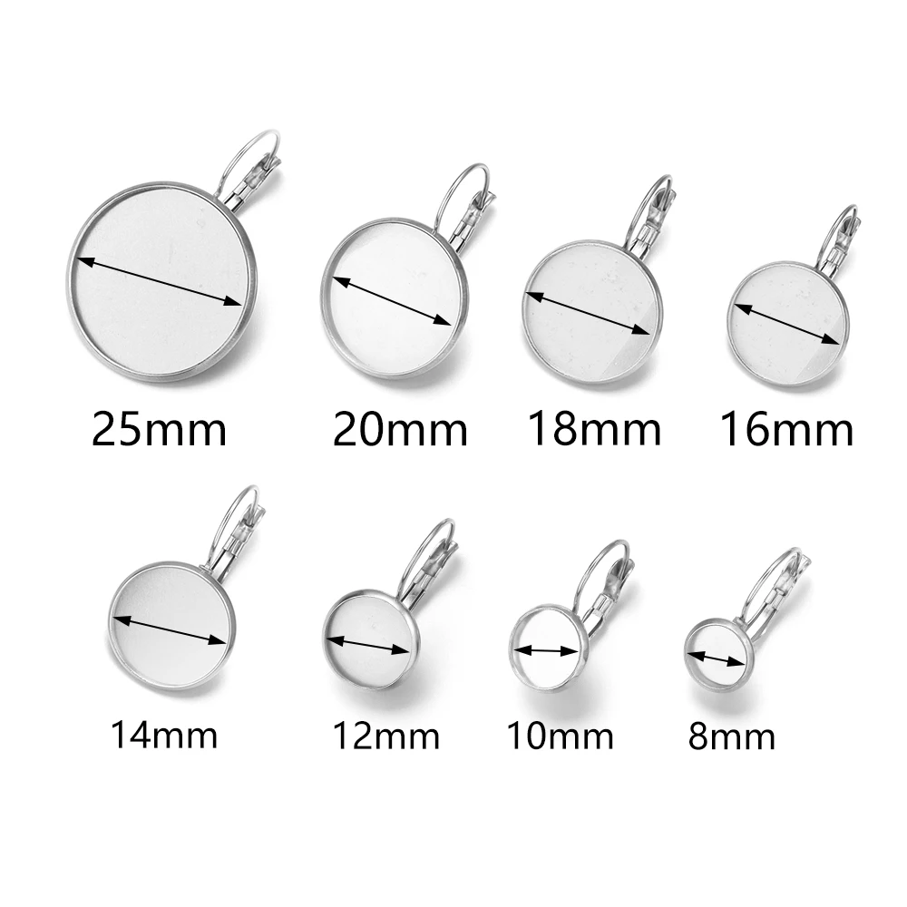 8-25mm 6 pezzi colori classici placcati francese leva posteriore orecchini base, misura 8-25mm cabochon in vetro orecchino forniture vuote per gioielli