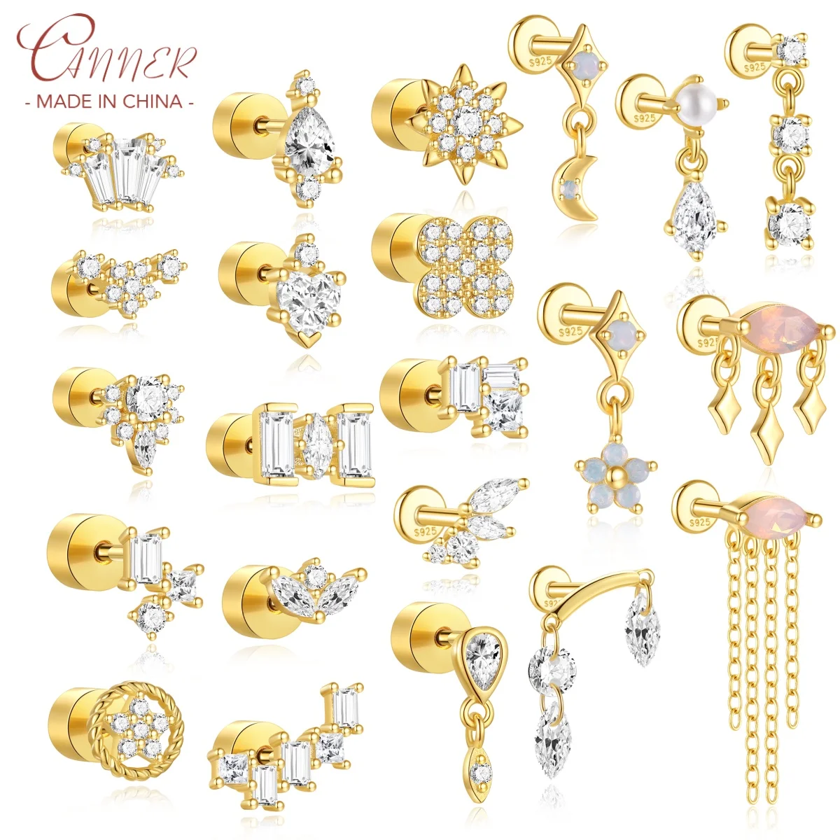 CANNER 1Pc 925 Silver Star Moon Five Petal Flower Stud Earring For Women 18K Gold Horse Eye Heart Shaped Zircon Ins Fine Jewelry