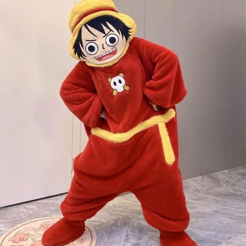 One Piece Luffy Sanji Couple Pajamas Set Funny Cute One-Piece Pajamas Winter Coral Velvet Pajamas Loungewear Set No shoes