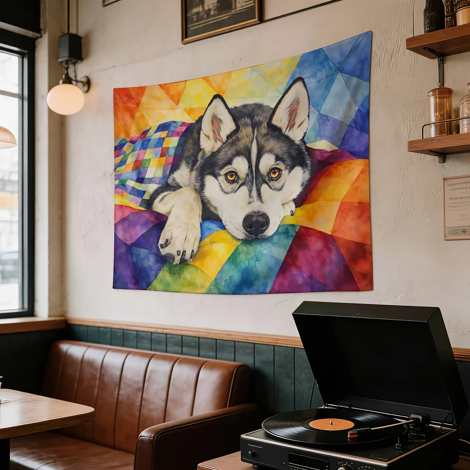 Boho Husky Dog Wall Tapestry Hanging Geometric Colorful Canine Art Decor Print for Living Room Bedroom Polyester Material