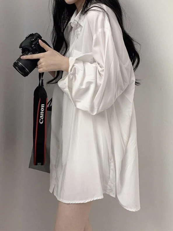 

Women's Summer Shirt Long Sleeve Loose BF Style Mid-Length Sun Protection Top Subtle Design White Shirt Commute Style