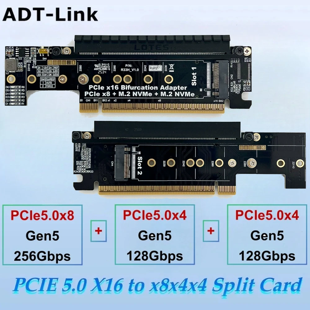 

ADT-Link PCIE От 5,0 x16 до x8x4x4 NVMe M.2 SSD Расширение половины высоты и полноразмерная разделенная карта Gen 5 4X 8X 256 Гбит/с + 128 Гбит/с + 128 Гбит/с