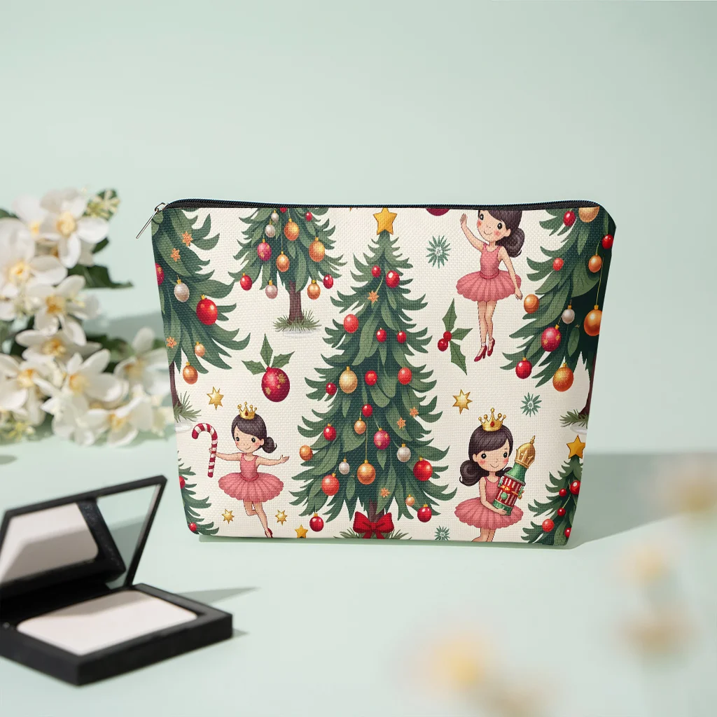 Christmas Ballerina Girl Xmas Tree Candy Cane Print Cosmetic Bag Zipper Makeup Pouch Portable Travel Storage Bag Holiday Gift