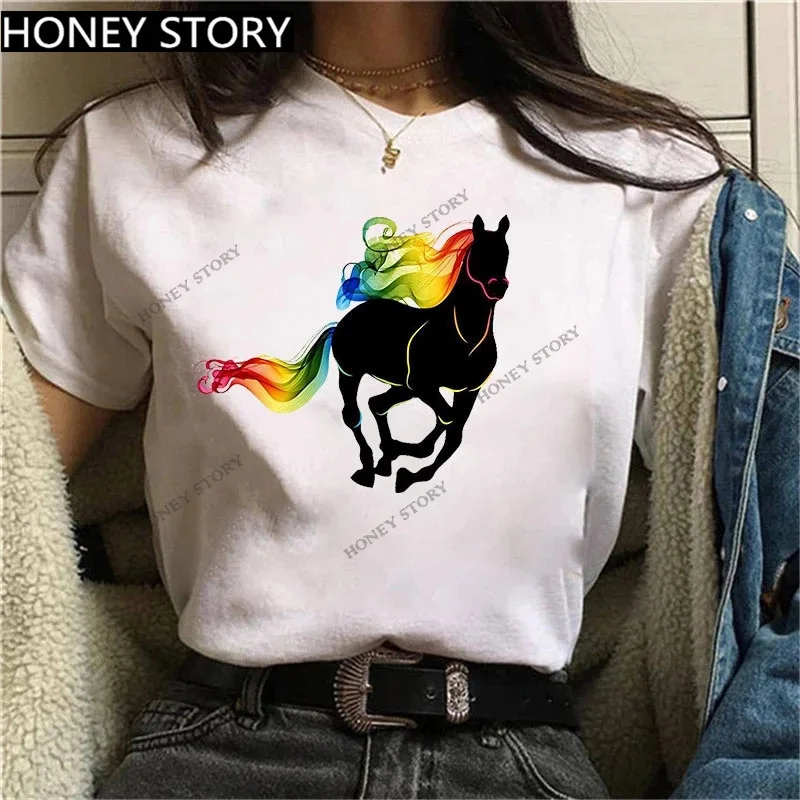 New Horse Animal Cartoon Print Loose Round Neck White Short-sleeved T-shirt for Women Aesthetic Clothes Tops