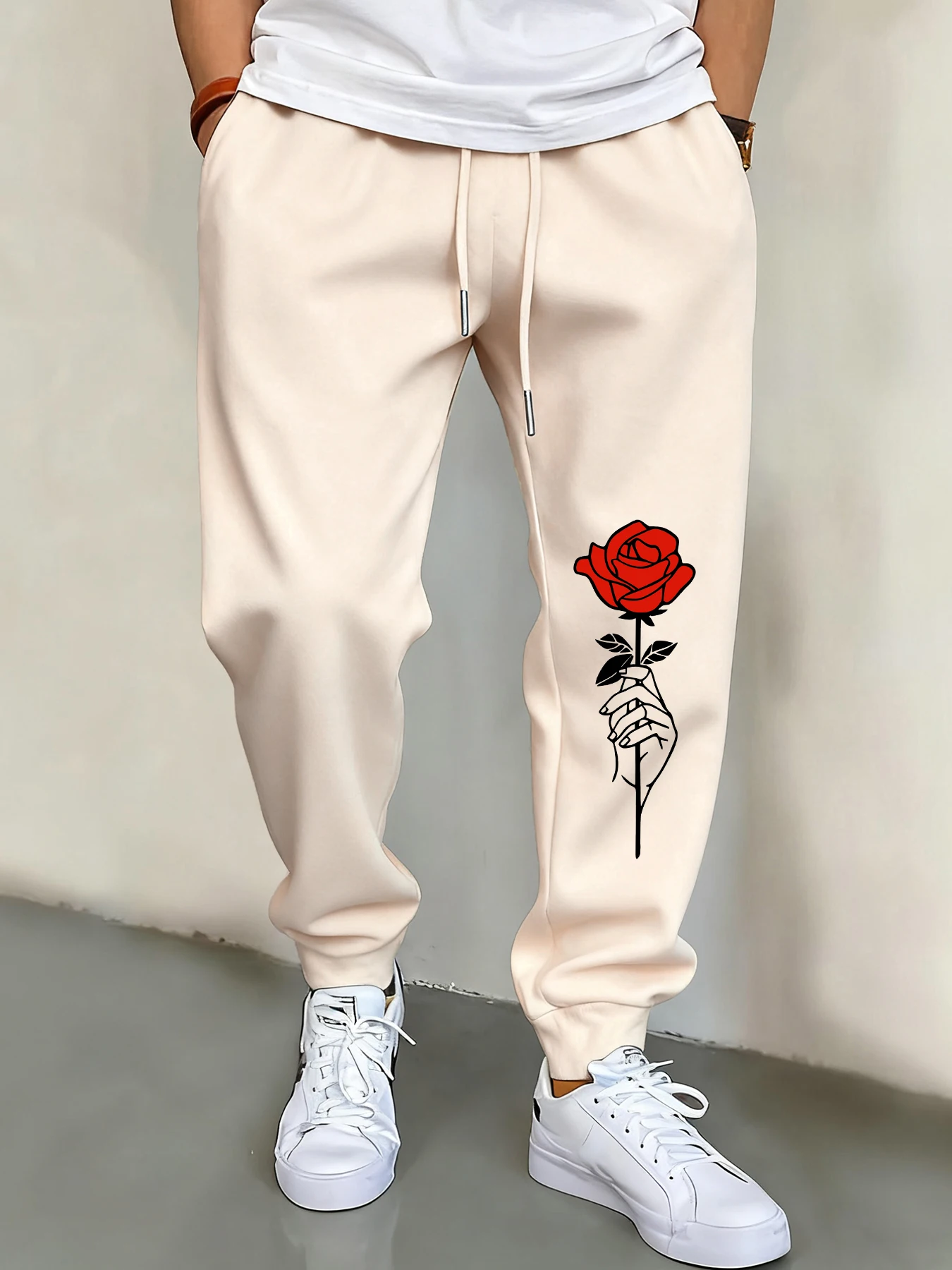 

Мужские базовые брюки с принтом «Роза в руках», флисовые брюки на шнурке, модные спортивные штаны с карманами для мужчин, брюки для бега в стиле ретро