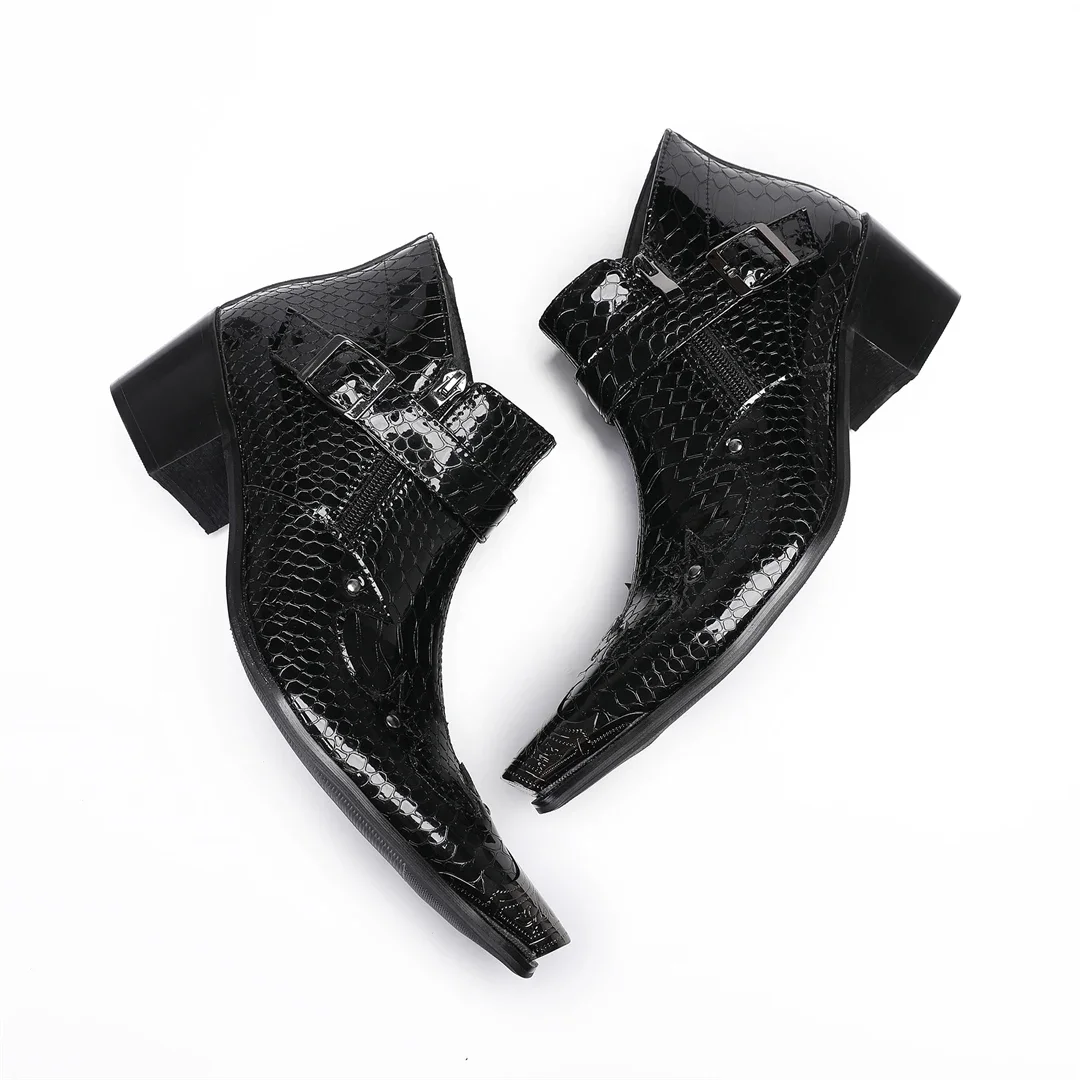 Business Office Men Formal Short Boot Fashion Lacquer Leather Square Toe Mid Heel Ankle Boot Plus Size Classic Office Ankle Boot image 5