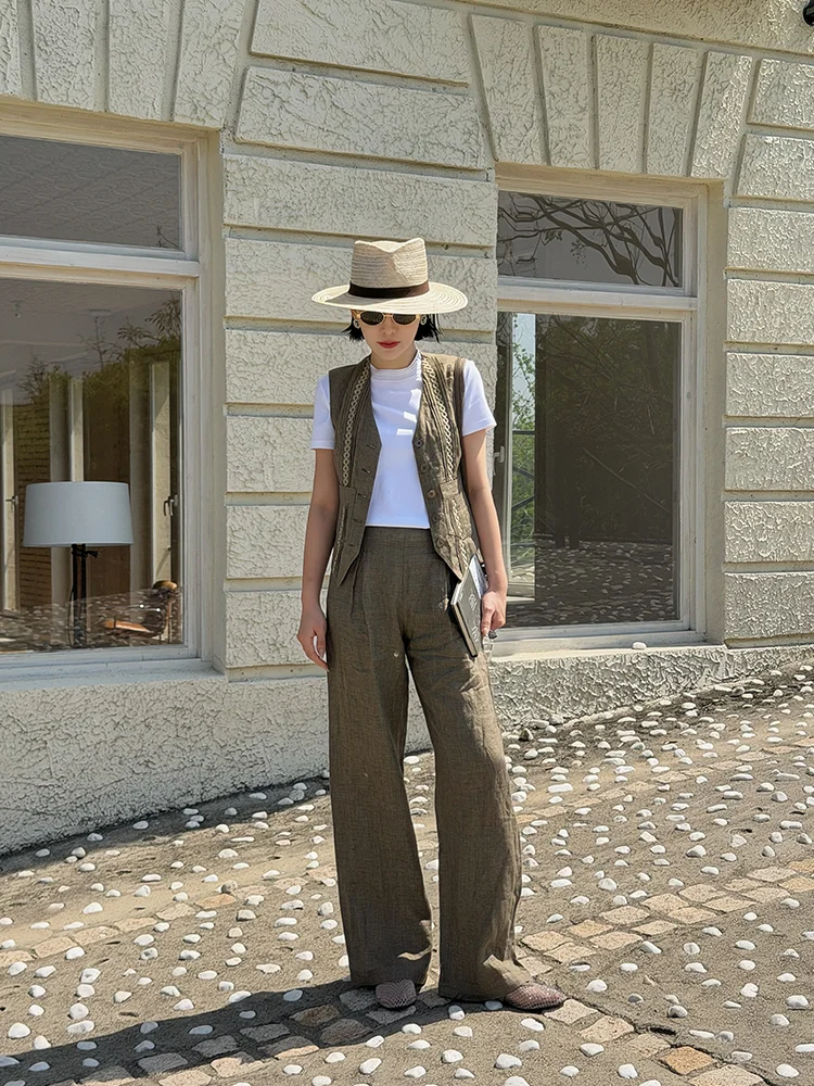 

Yuan Yiling Handpicked Summer 25 Embroidered Pleated Linen Sleeveless Women's Set Fashionable Unique Design Student Uniform