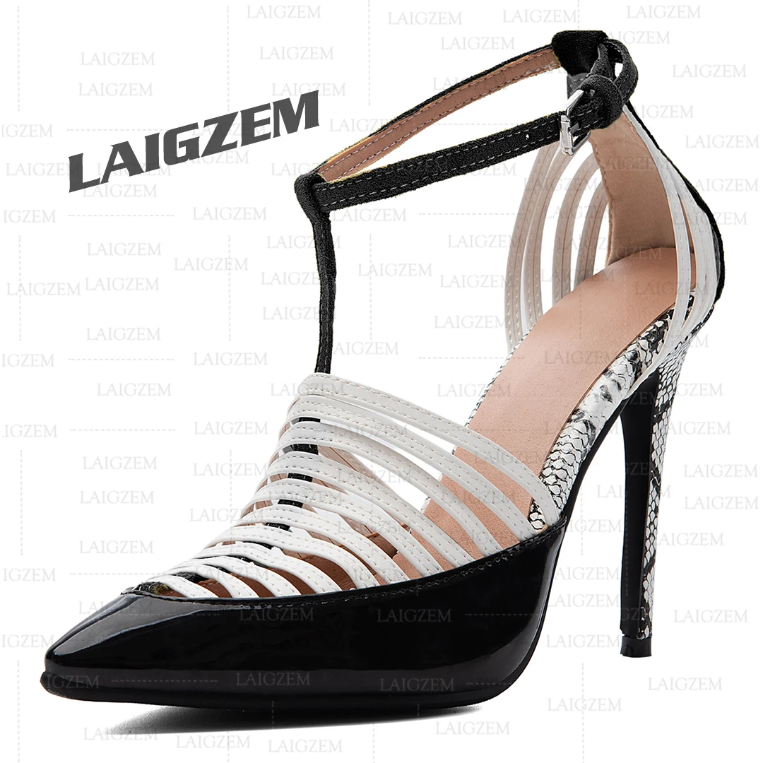 LAIGZEM Women Pumps Pointed Toe T Straps Thin High Heels Sandals Pathcwork Party Handmade Shoes Woman Large Size 39 41 43 47