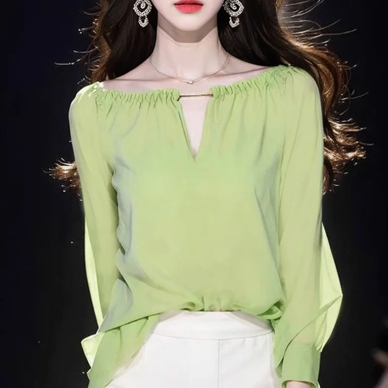 Зеленая шифоновая рубашка Boweylun с длинным рукавом для ранней осени, женские модные топы с круглым вырезом для девочек