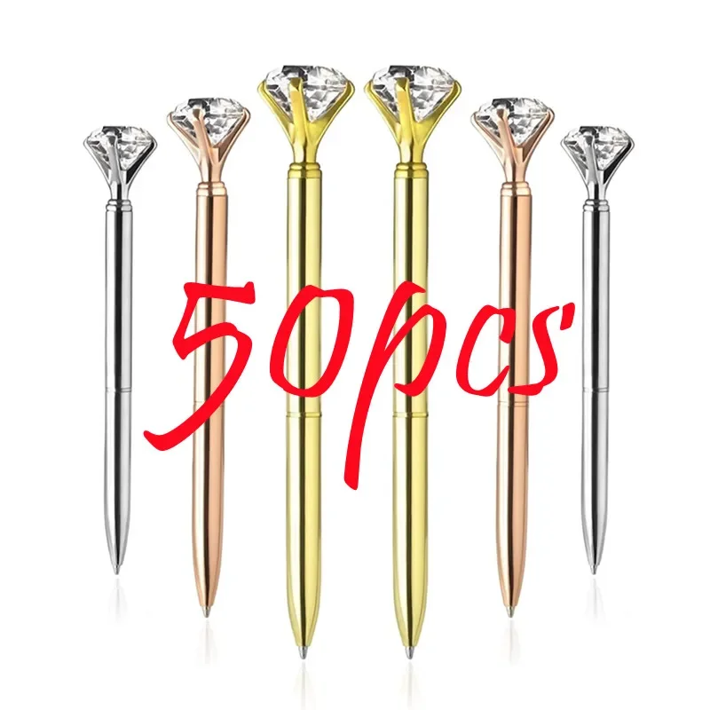 50 Pcs/lot Big Crystal Diamond Metal Ballpoint Pen Ring Wedding Office Gift Roller Ball Pens Black Blue Ink Free Custom Logo