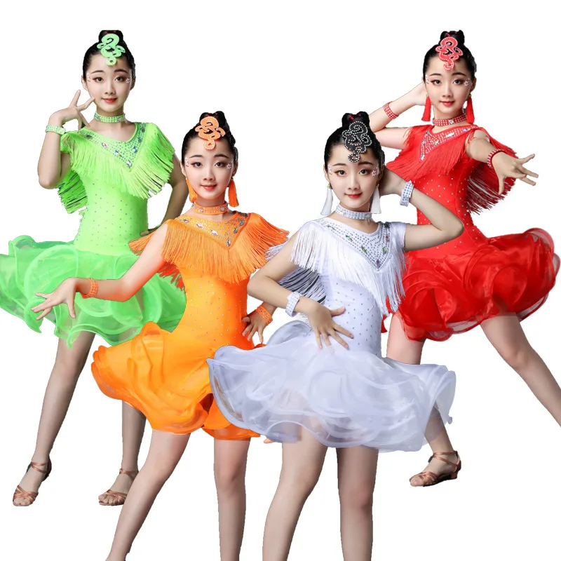 New Girls Ballroom Latin Dance Clothes Kids Latin Performance Costumes Girls Sequined Figure Skating Dress Dance Outfits