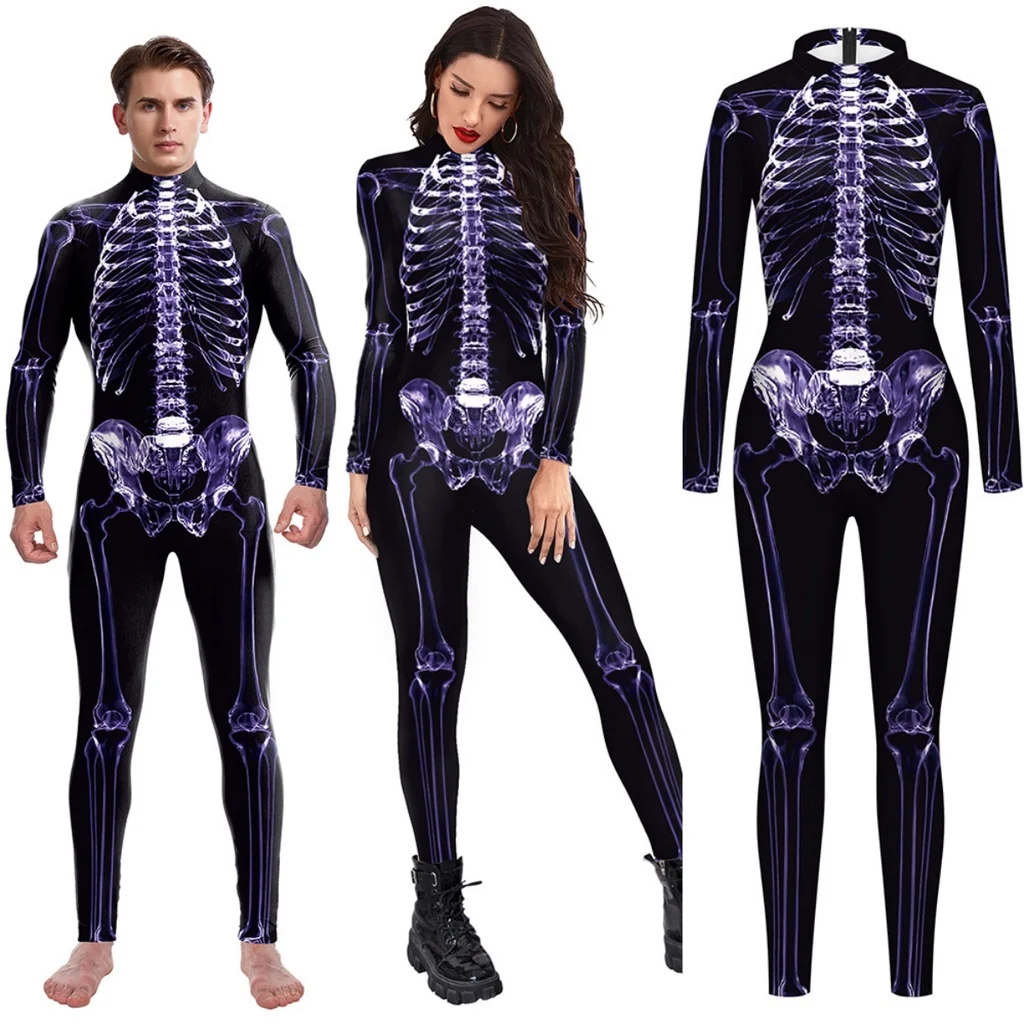 Disfraz de Cosplay de Halloween para hombres y mujeres, mono con estampado 3D de calavera muscular y cuerpo humano, esqueleto