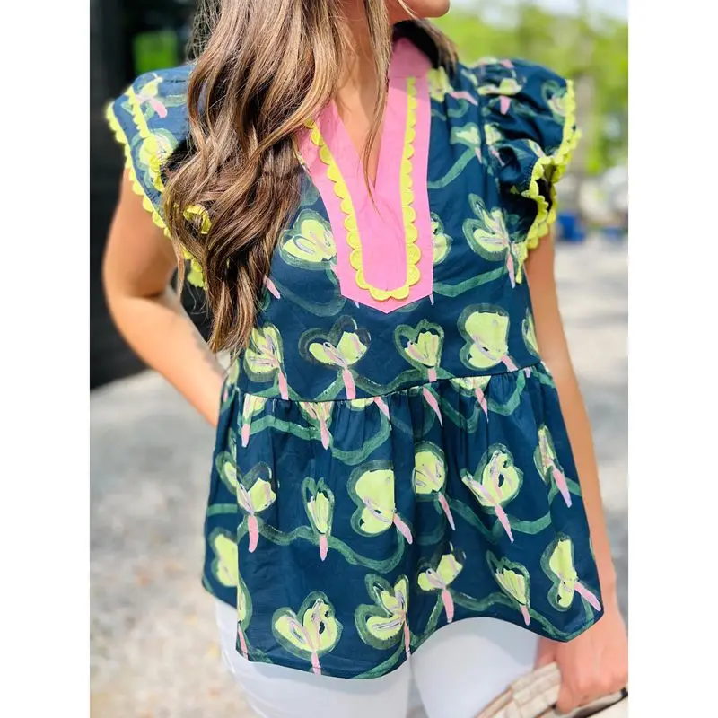 

Combhasaki Women Summer Y2K Aesthetic Floral Print Contrast Color Shirt V-Neck Ruffle Layered Fly Sleeve Loose Babydoll Blouses