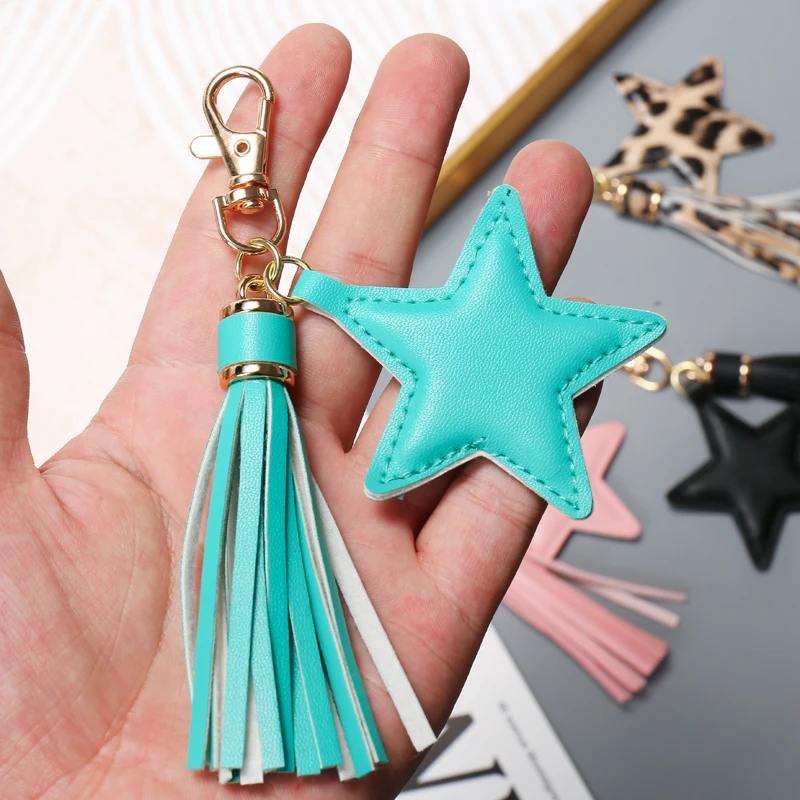 Sansango PU leather Tassel Key Chain for Women Girl Star Pendant Lobster Clasp Key Rings Bag Accessories