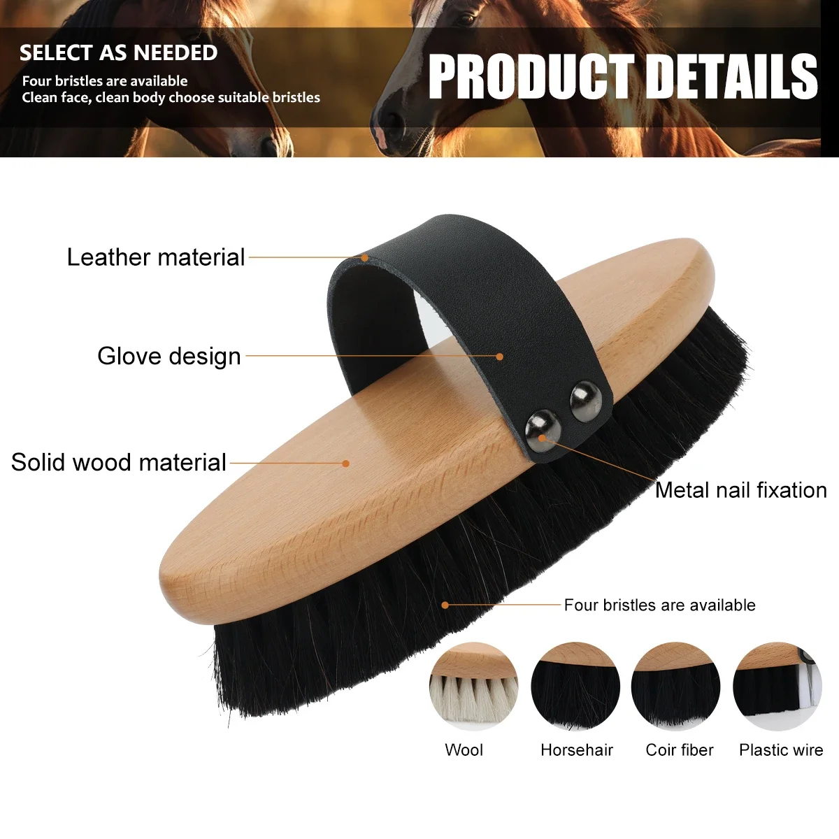 Wooden Soft Goat Hair Brush Horse tail Mane Comb Horse Racing Care Comb Brush for Horse