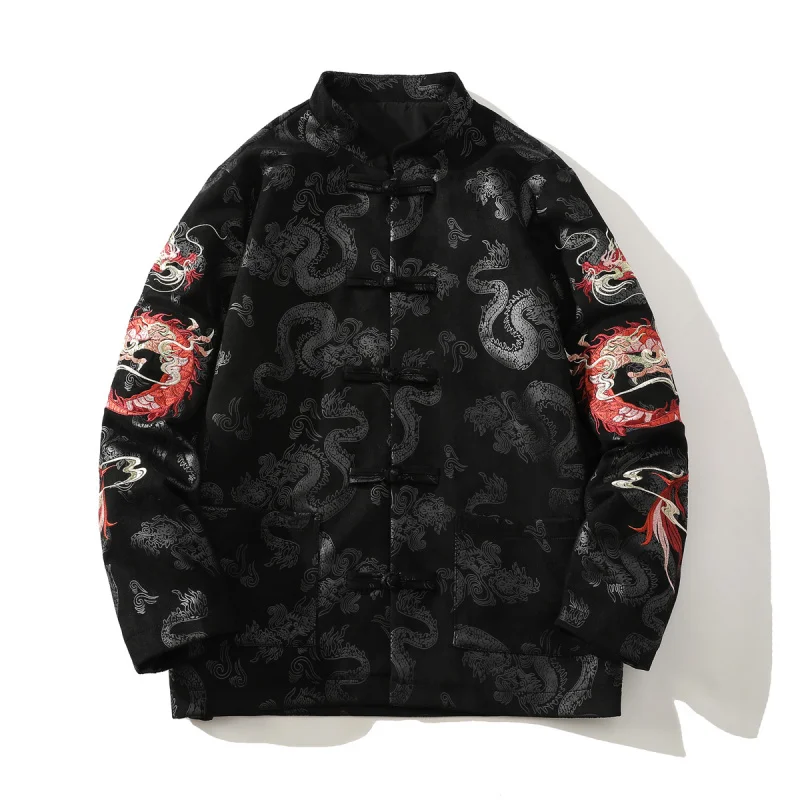 

New Chinese Sle Men's Jaet Autumn Winter Suede Embroidered Dragon Pattern Tang Suit round Ne Button up Zhongan Coat