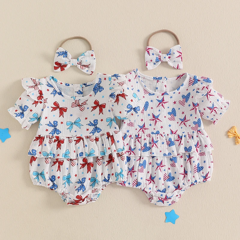 

Lioraitiin Baby Girl 4th of July Outfit Love Heart Star Pattern Ruffled Crew Neck Short Sleeve Romper& Bow Headband 2Pcs Set