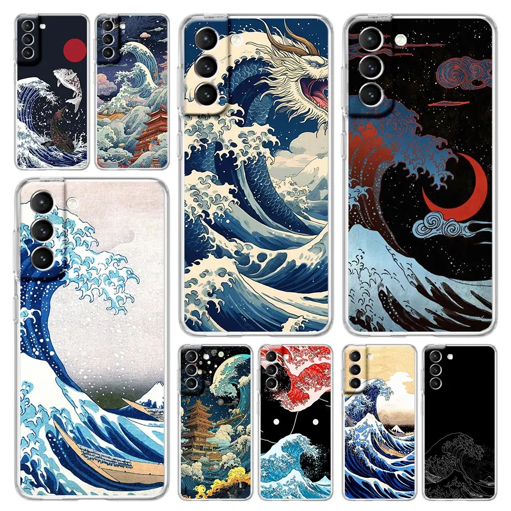 Coque de téléphone transparente à la mode japonaise pour Samsung, la grande vague d'Oke Agawa, S24 Plus, S23 FE, S22, S21, S20 Ultra, 5G, S10, S10E, S9, S8