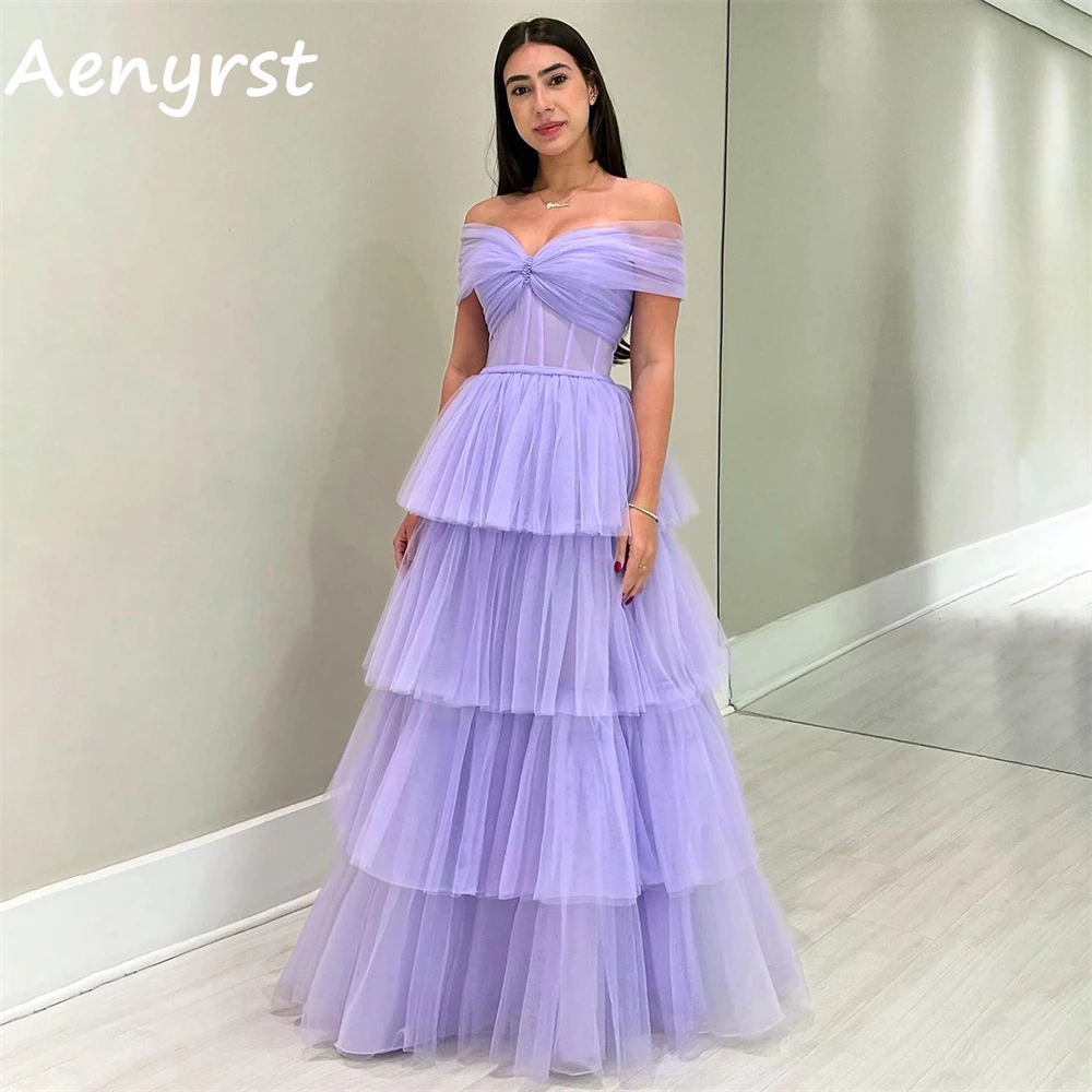 Aenyrst-vestido de fiesta de tul con hombros descubiertos para mujer, traje de noche escalonado, longitud hasta el suelo, color púrpura