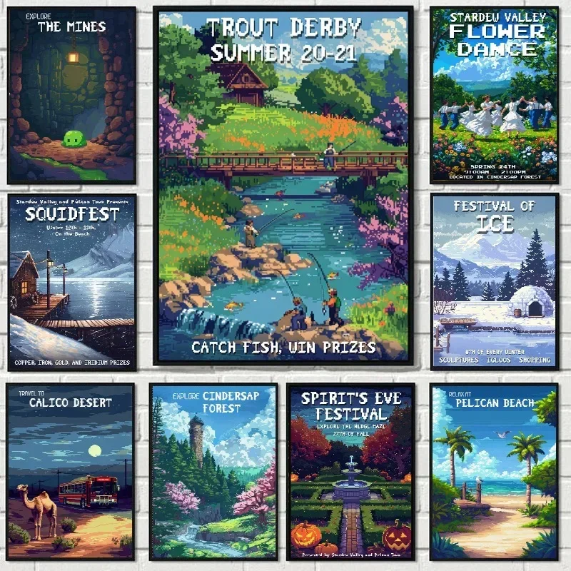 Stardew Valley Reiseplakat, Simulation, Videospiel, inspiriert, Pixel-Artanvas, Malerei und Drucke, Wandkunst, Bild, Zimmer, Zuhause, Dezember