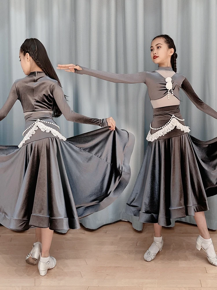 Girls Grey Ballroom Dance Performance Costume Bodysuit Skirt Latin Dancing Clothes Tango Standard Dance Stage Outfit VDB7764