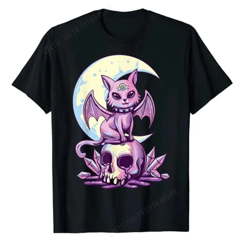 Pastel Goth Wiccan-Cat Cute Creepy Witchy Cat and Skull T-Shirt Aesthetic Clothes Anime Manga Graphic Tee Short Sleeve Top