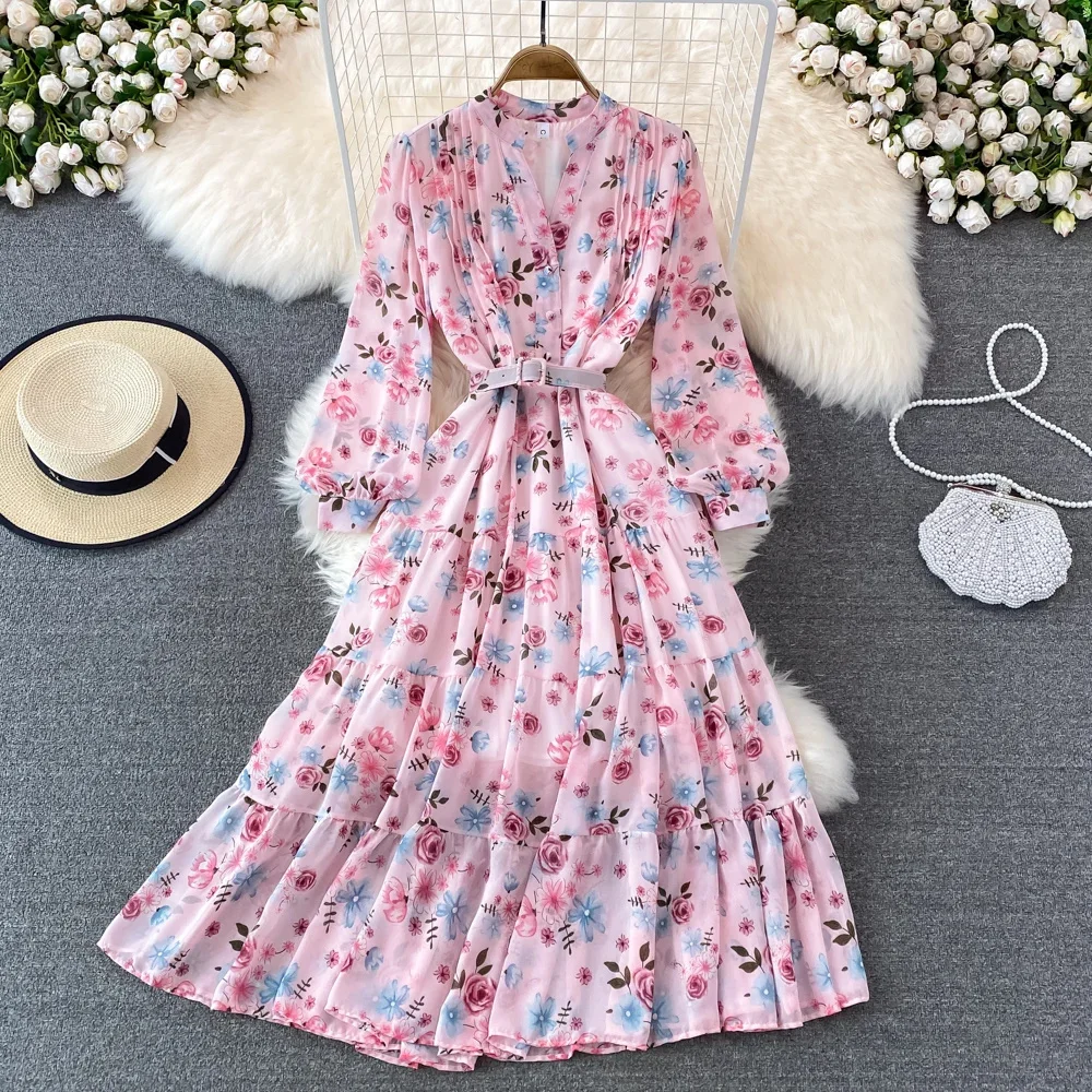 Sweet Floral Midi Dress Women Elegant V-Neck Lantern Long Sleeve High Waist Draped A-Line Casual Vestidos Female Spring Summer